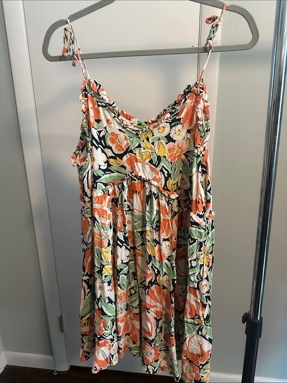 Patrons of Peace Black Floral Tie-Shoulder Dress with Orange & Green Accents